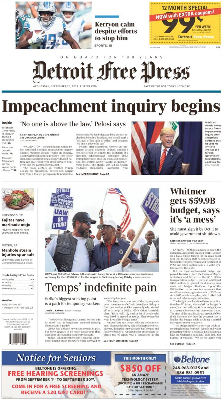 Portada de Detroit Free Press (USA)