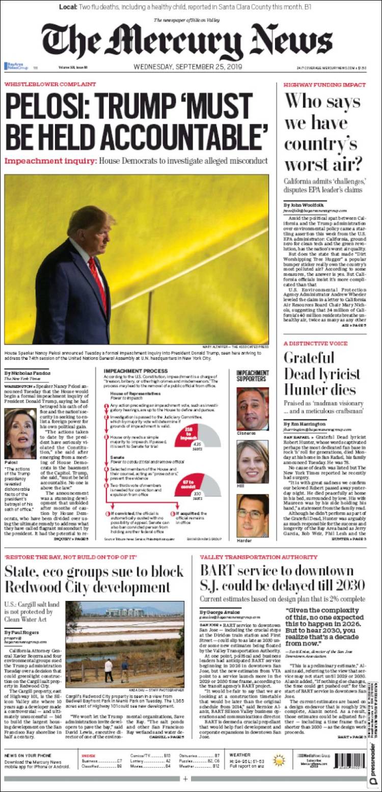 Portada de San Jose Mercury News (USA)