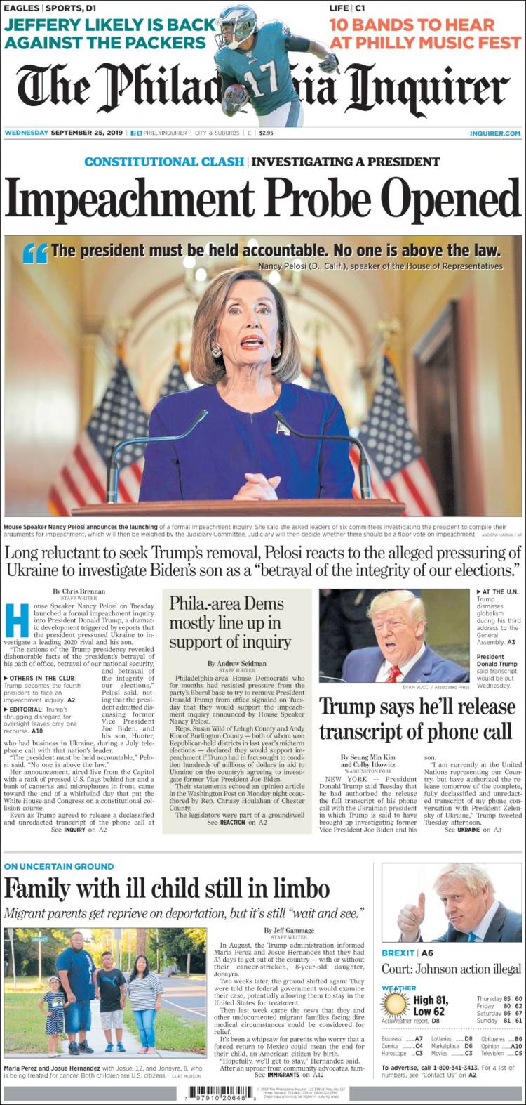 Portada de Philadelphia Inquirer (USA)