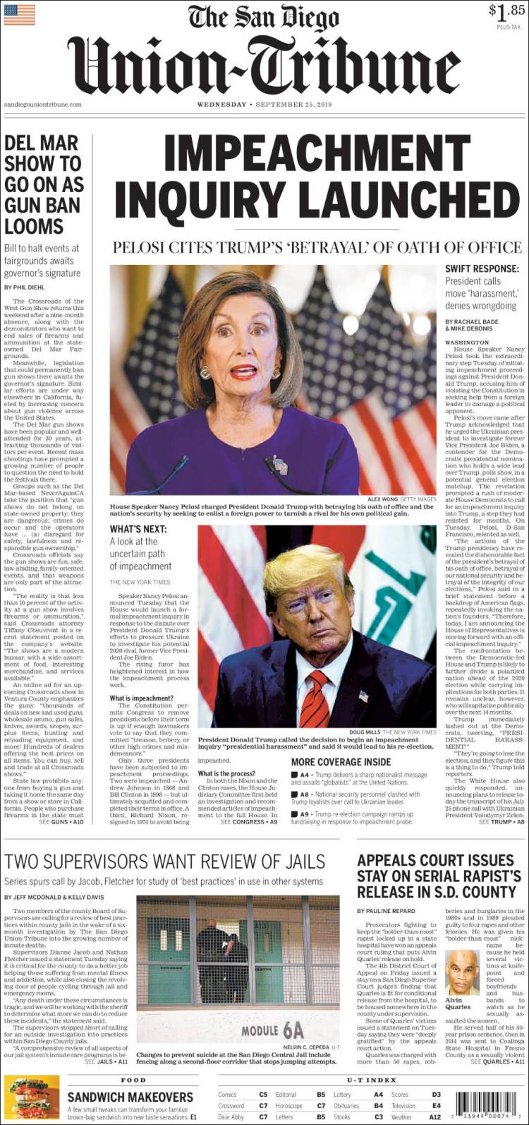 Portada de The San Diego Union-Tribune (États-Unis)