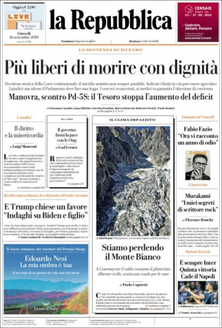 Portada de La Repubblica (Italia)