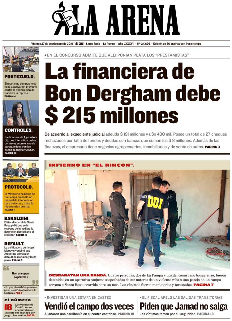 Portada de Diario La Arena (Argentina)