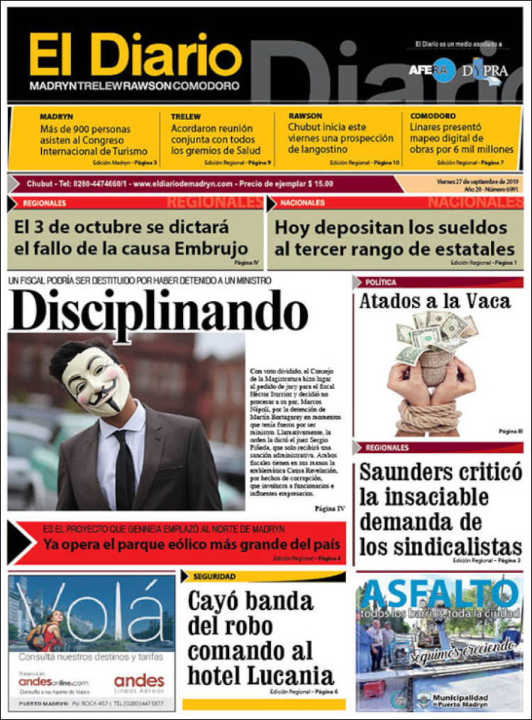 Portada de El Diario de Madryn (Argentina)