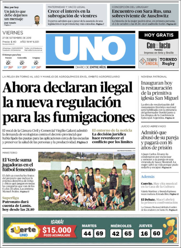 Portada de Diario Uno de Entre Ríos (Argentina)