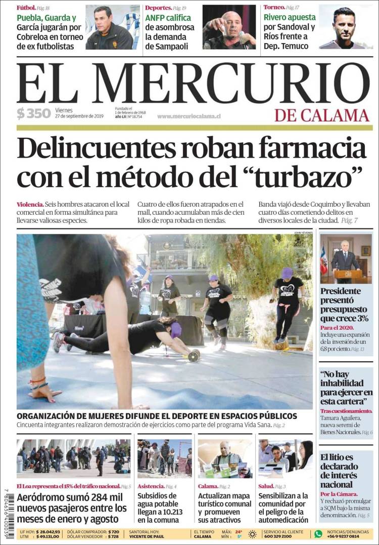 Portada de El Mercurio - Calama (Chile)