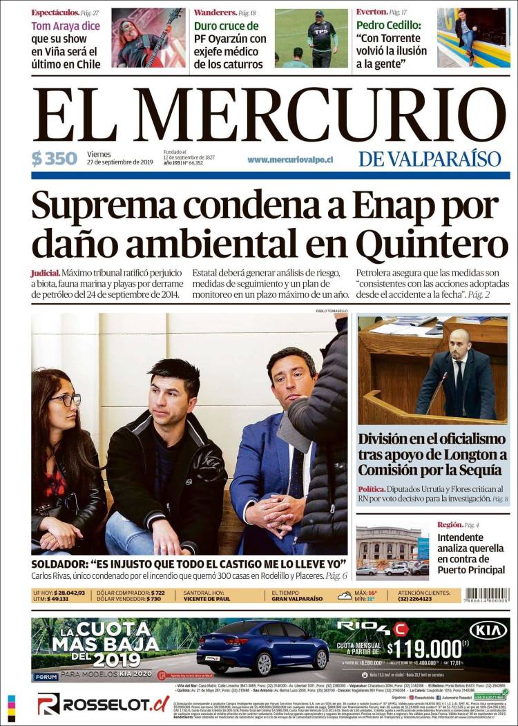 Portada de Mercurio de Valparaiso (Chile)