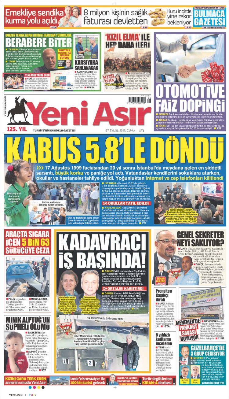 Portada de Yeni Asır (Turquía)