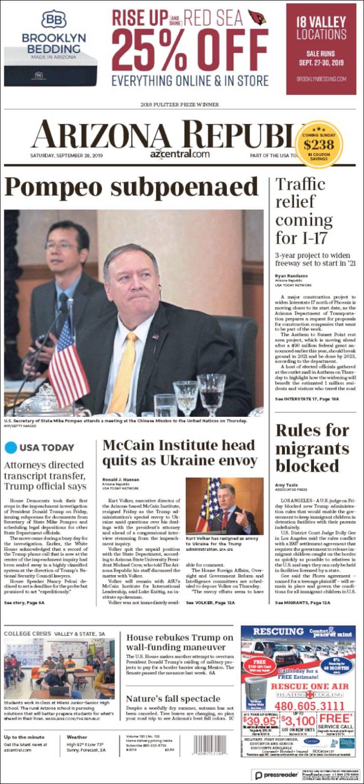 Portada de Arizona Republic News (USA)