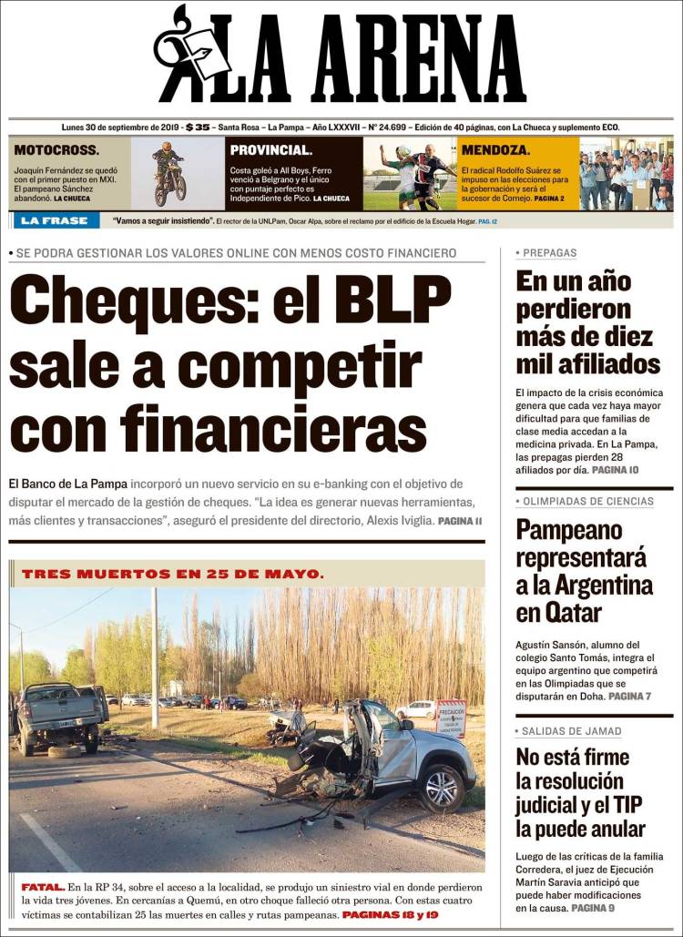 Portada de Diario La Arena (Argentina)