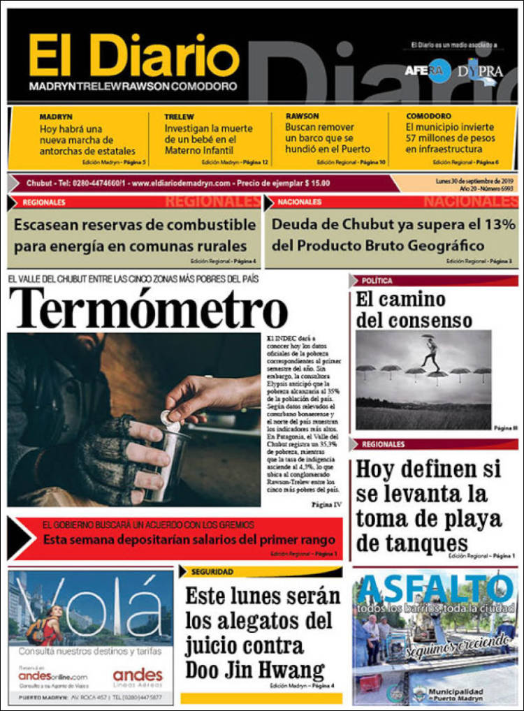 Portada de El Diario de Madryn (Argentina)