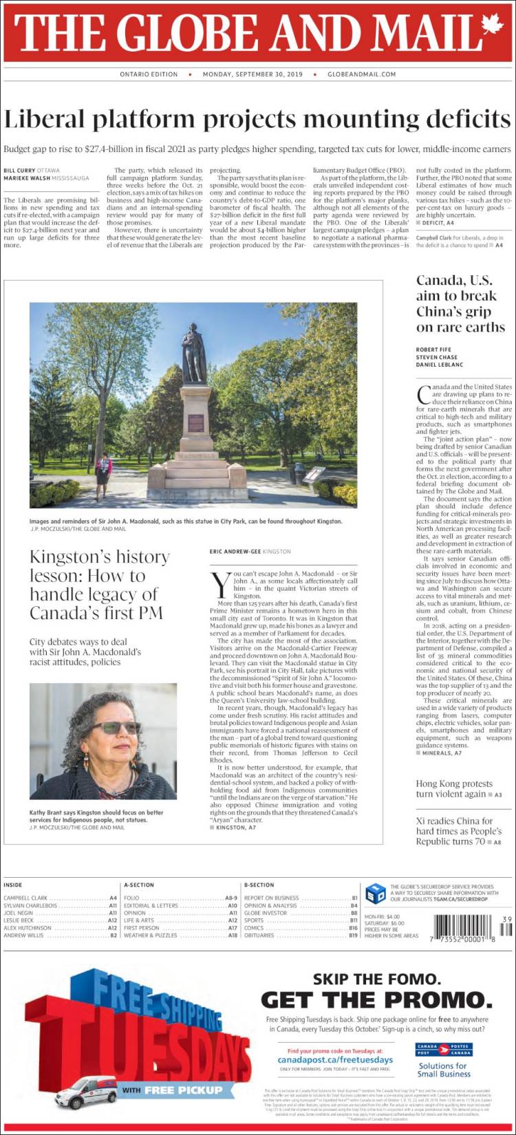 Portada de The Globe and Mail (Canadá)