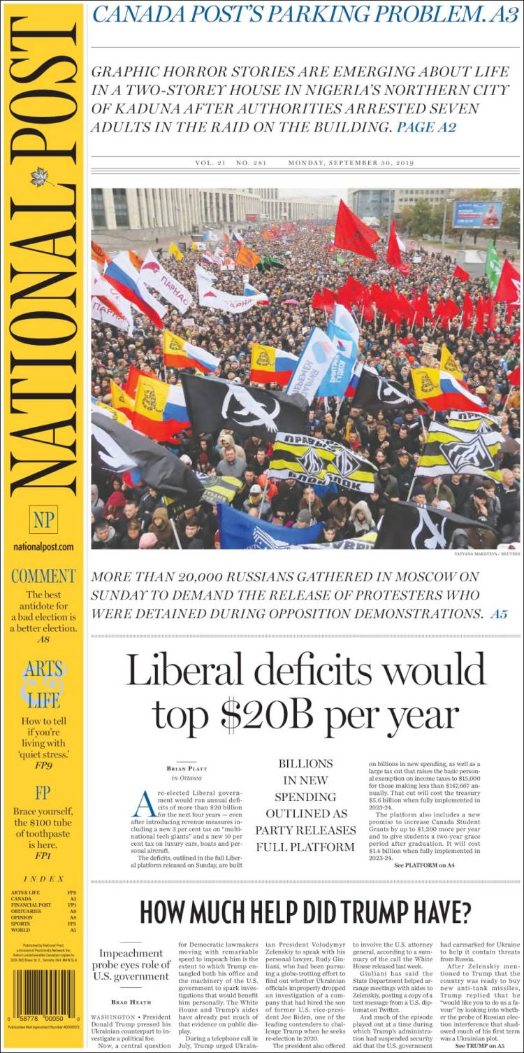 Portada de The National Post (Canadá)