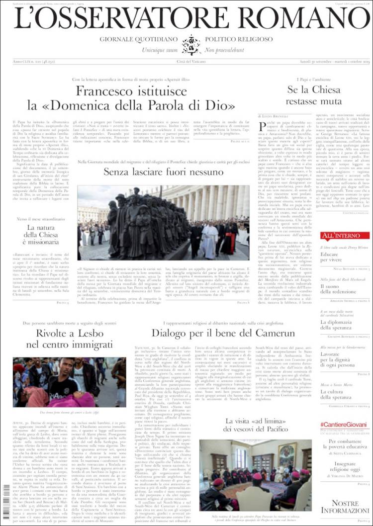 Portada de L'Osservatore Romano (Italia)