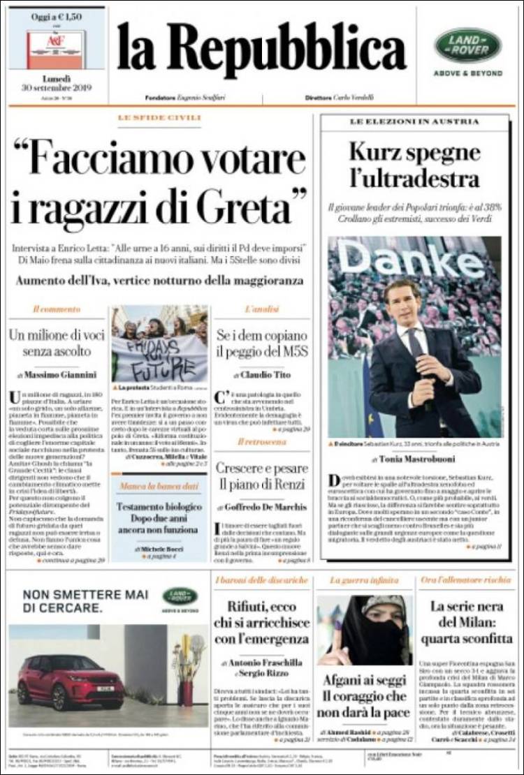 Portada de La Repubblica (Italia)