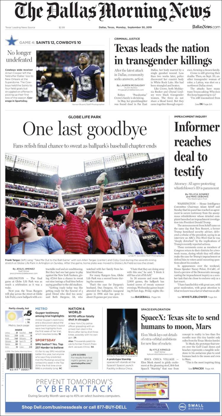 Portada de Dallas Morning News (USA)