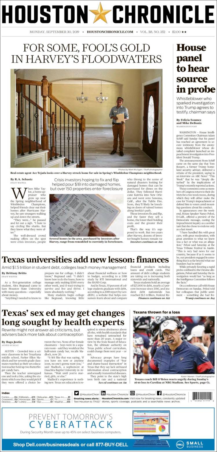 Portada de Houston Chronicle (USA)