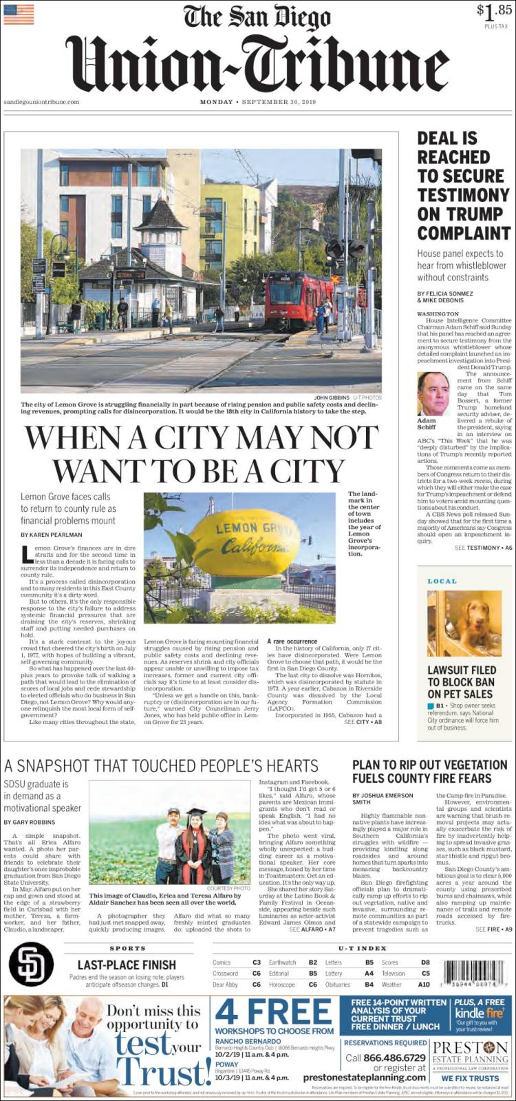 Portada de The San Diego Union-Tribune (USA)