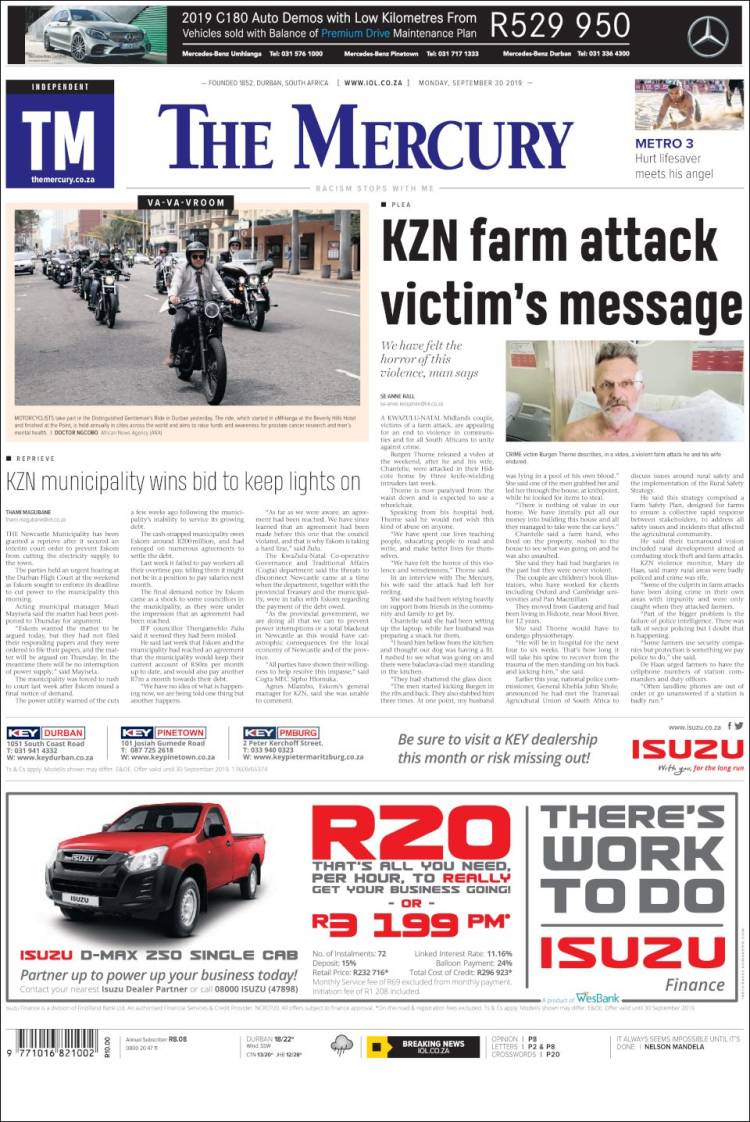 Portada de The Mercury (Sud&aacute;frica)