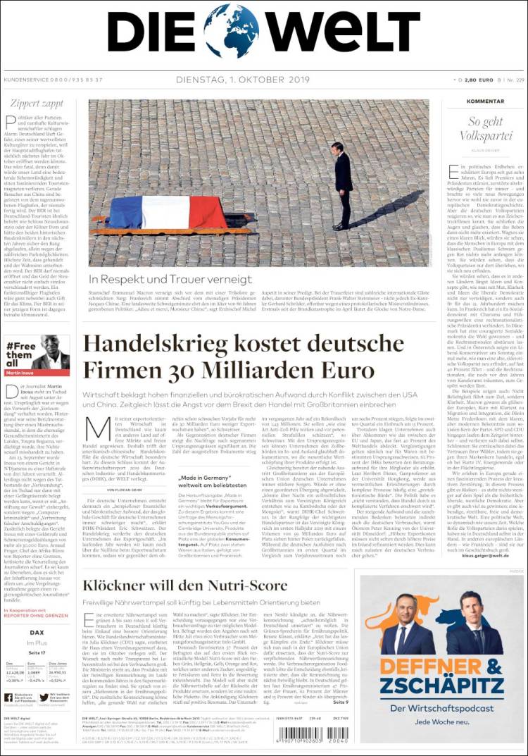 Portada de Die Welt (Alemania)