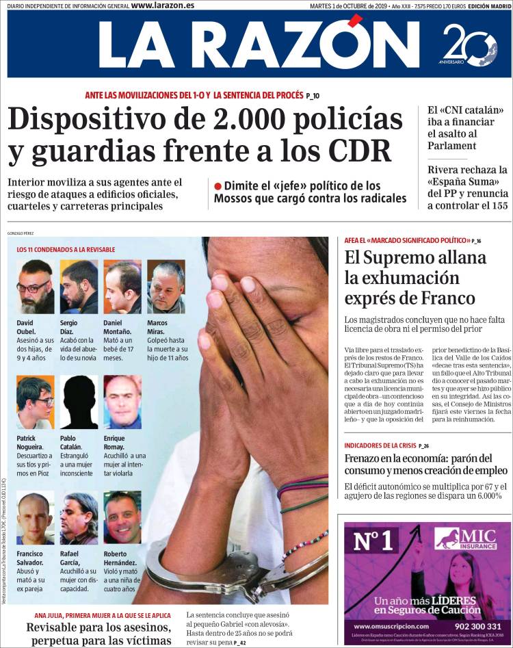 Portada de La Razón (España)