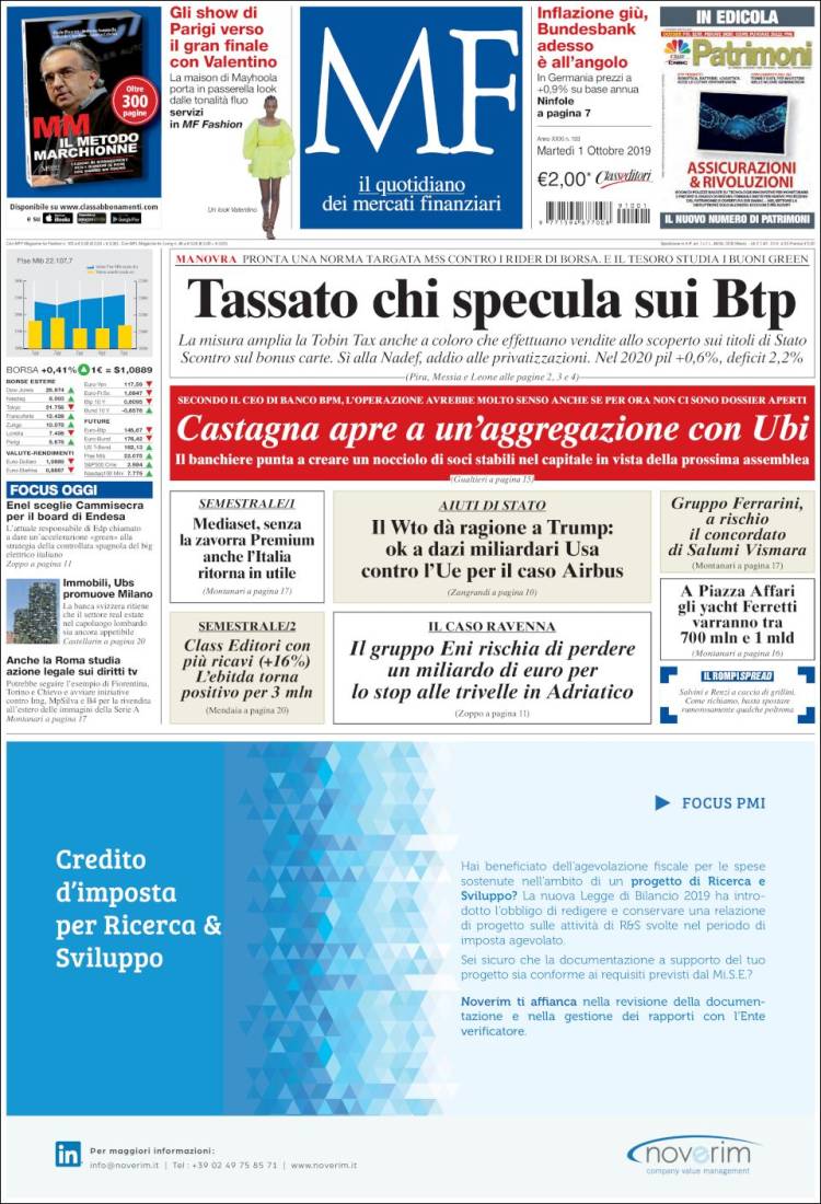 Portada de Milano Finanza (Italia)