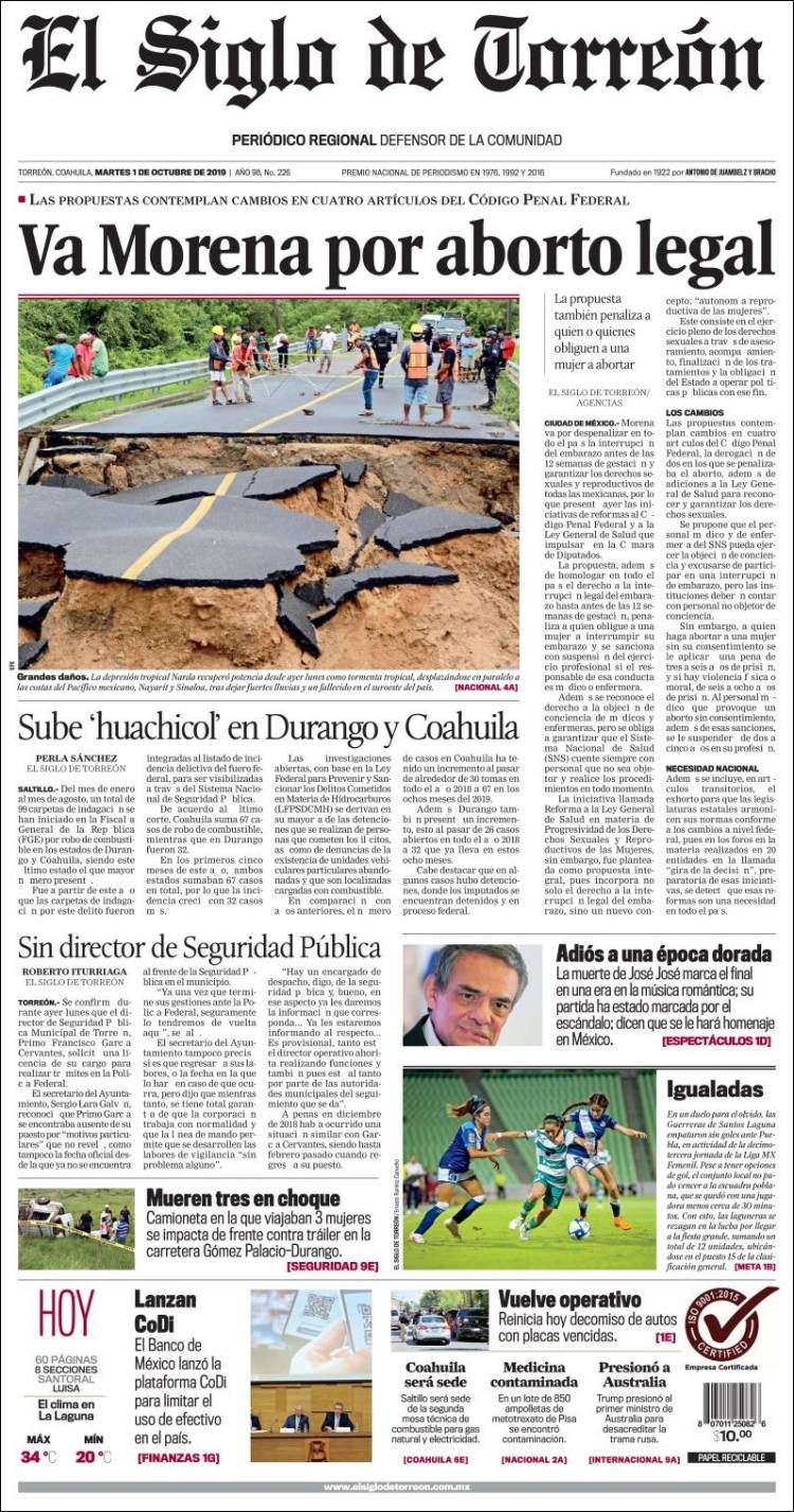 Portada de El Siglo de Torreon (M&eacute;xico)