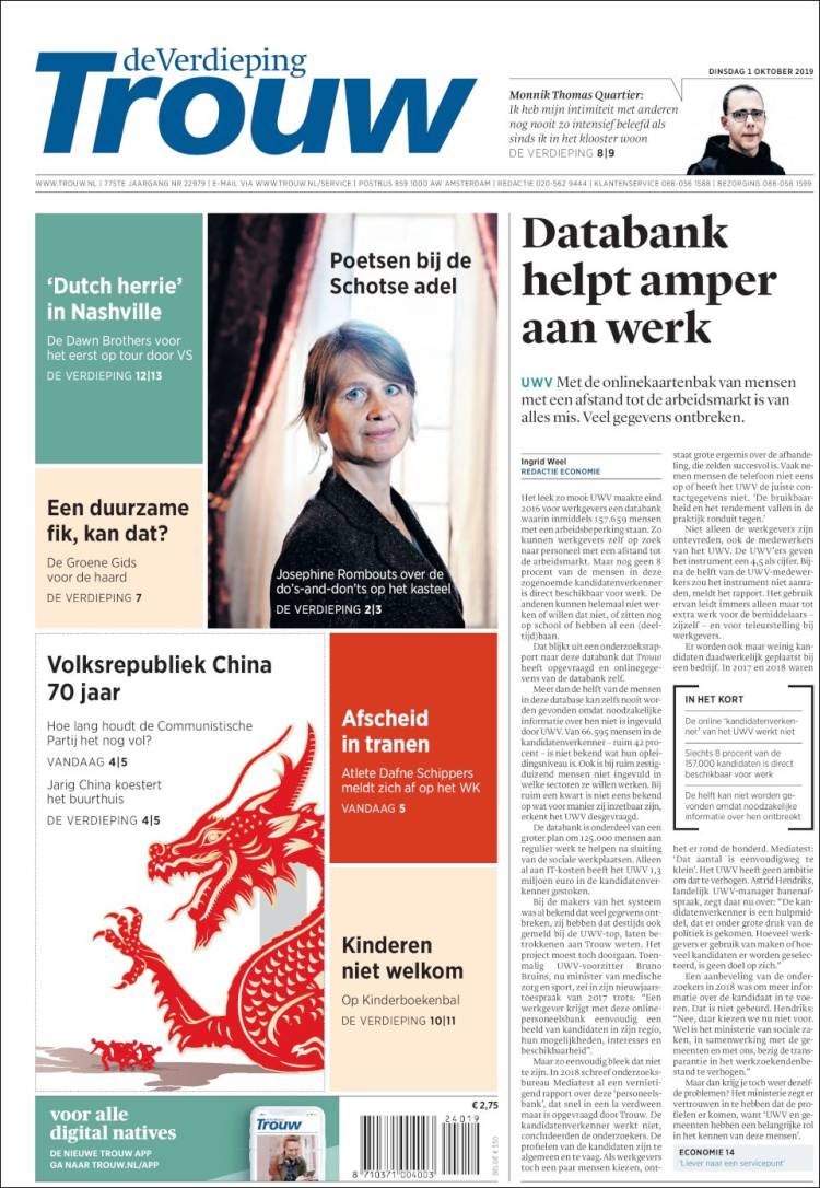 Portada de Trouw (Pa&iacute;ses Bajos)