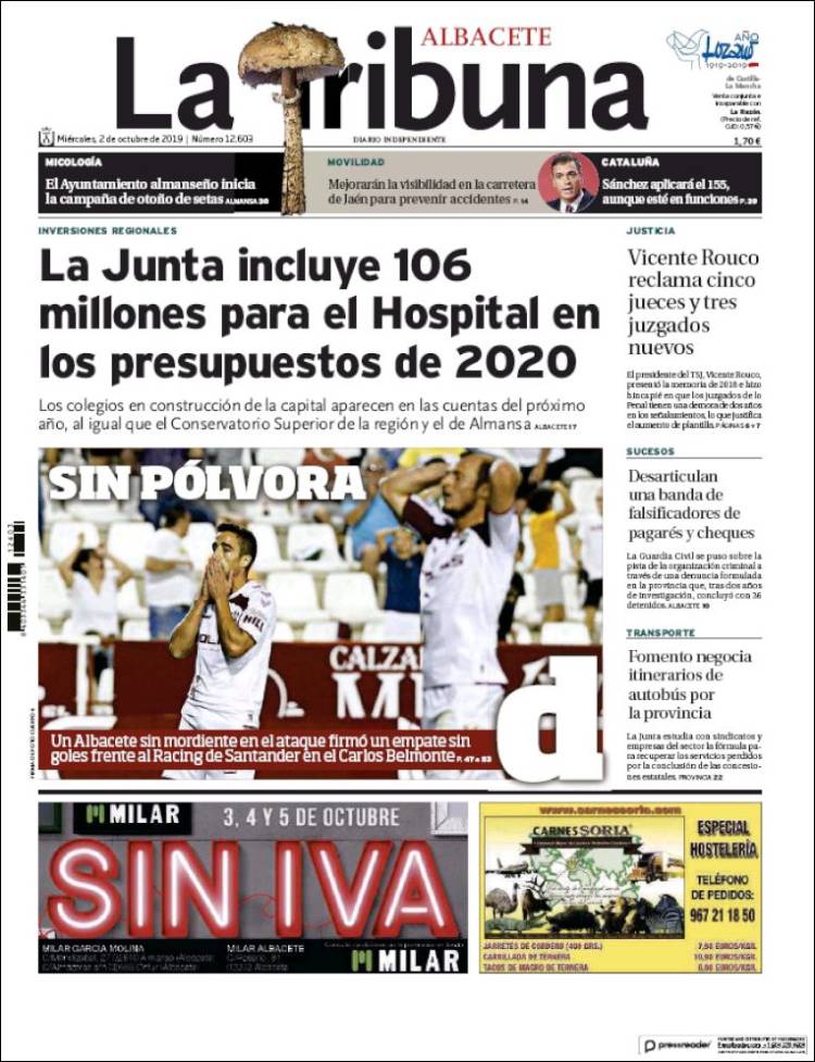 Portada de La Tribuna de Albacete (España)