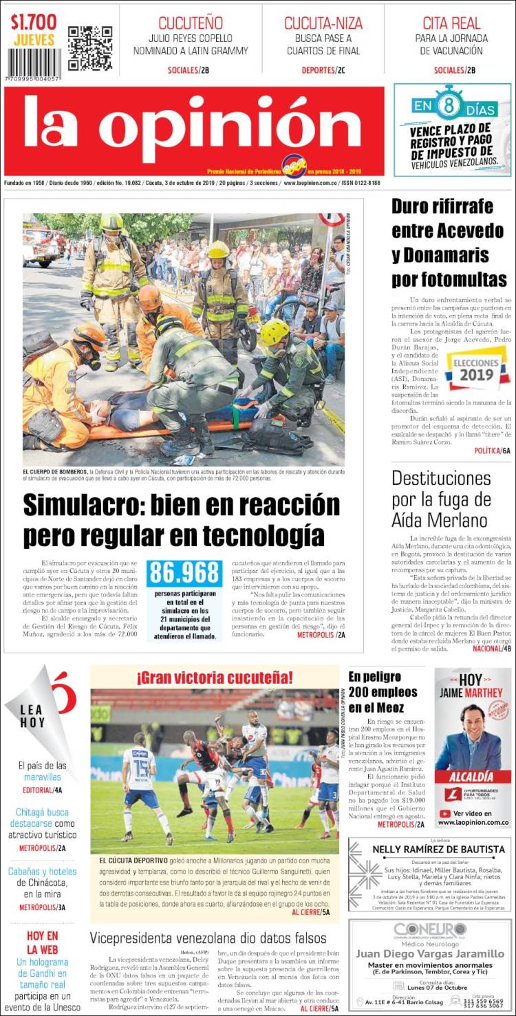 Portada de Diario La Opinion (Colombia)