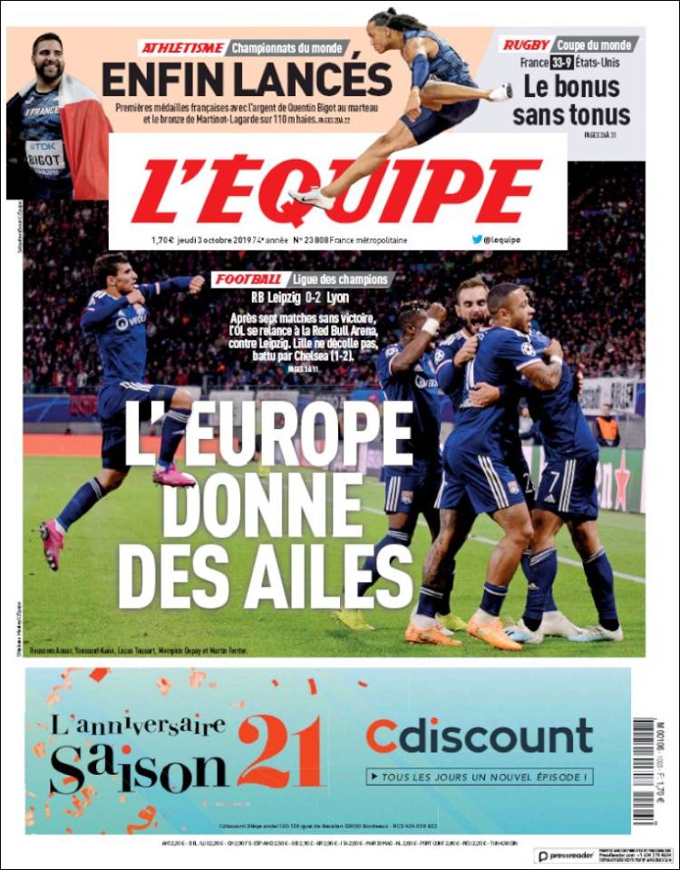 Portada de L'Equipe (Francia)
