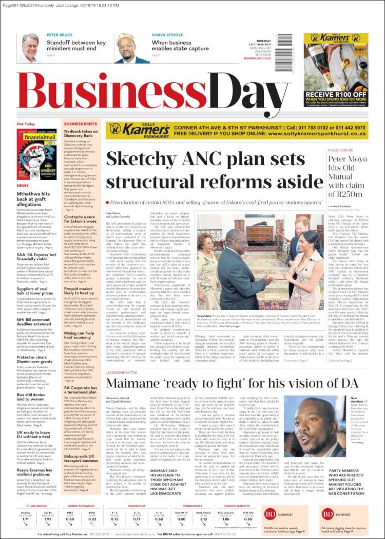 Portada de Business Day (Sud&aacute;frica)