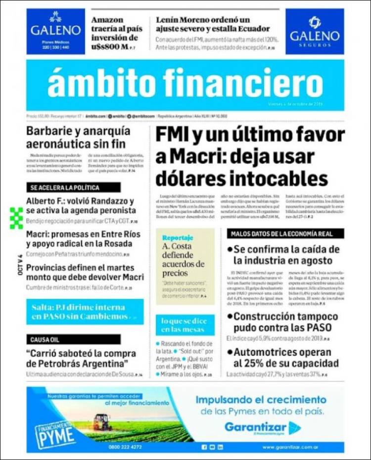 Portada de Diario Ambito Financiero (Argentina)