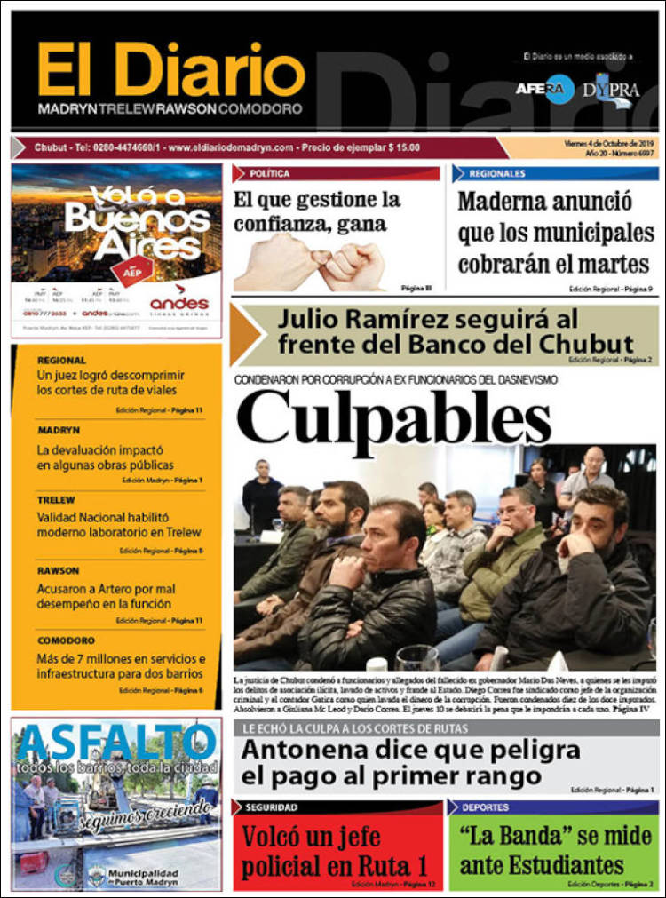 Portada de El Diario de Madryn (Argentina)