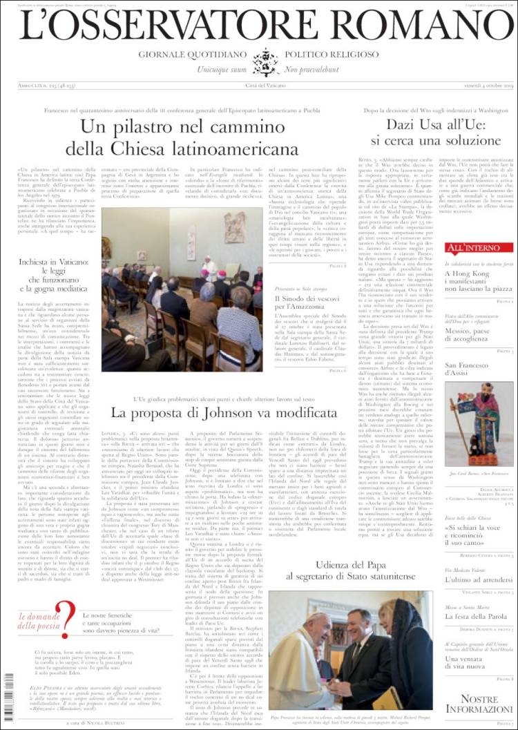 Portada de L'Osservatore Romano (Italia)