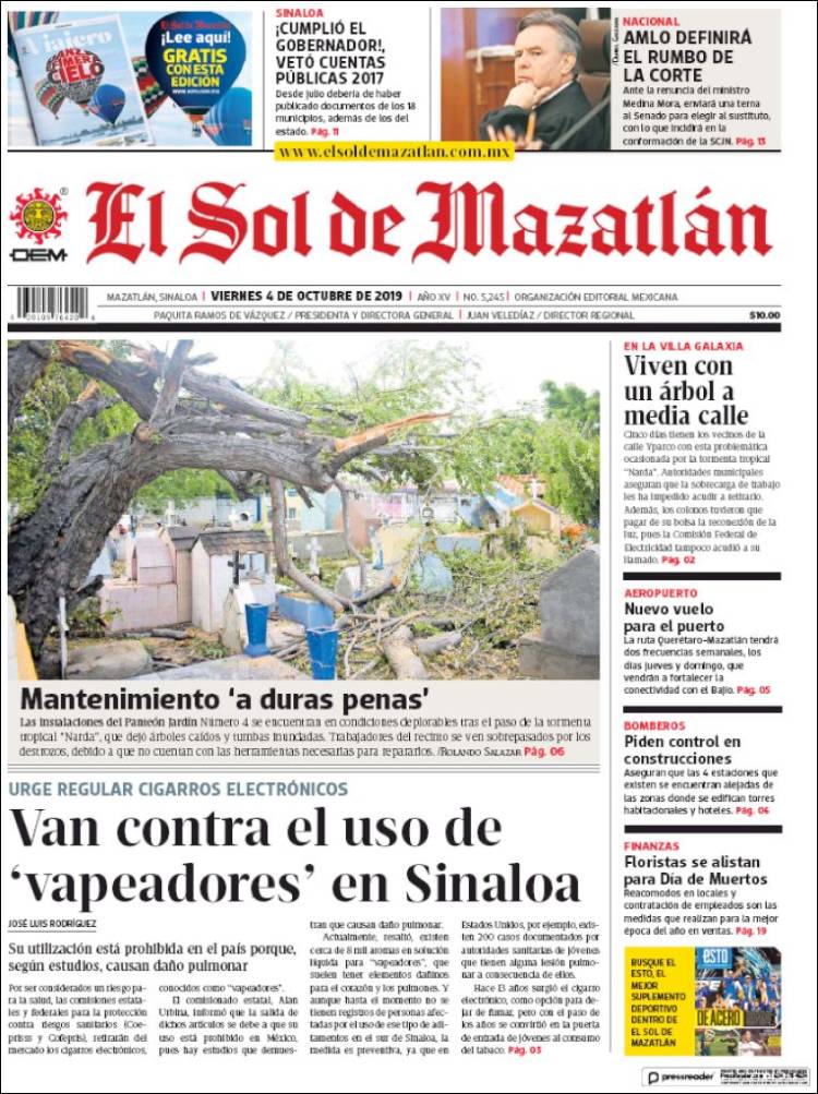 Portada de El Sol de Mazatlán (México)