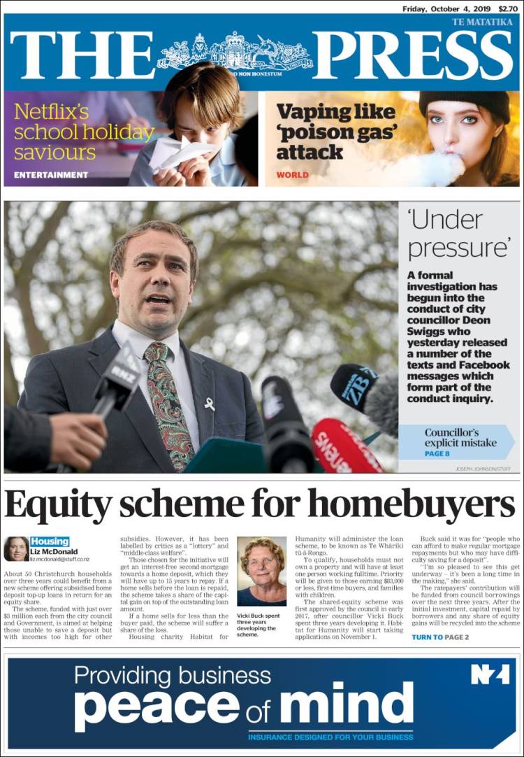 Portada de The Press (Nueva Zelanda)