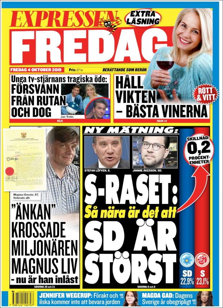 Newspaper Expressen (Sweden). Newspapers in Sweden. Friday's edition,  October 4 of 2019. 