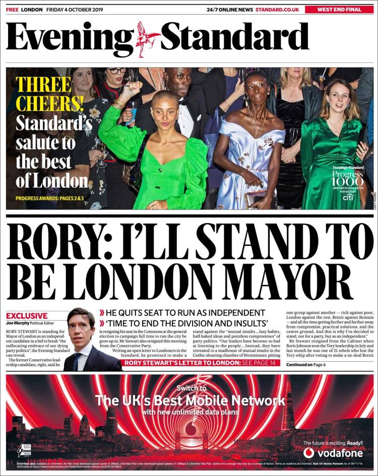 Portada de Evening Standard (Reino Unido)