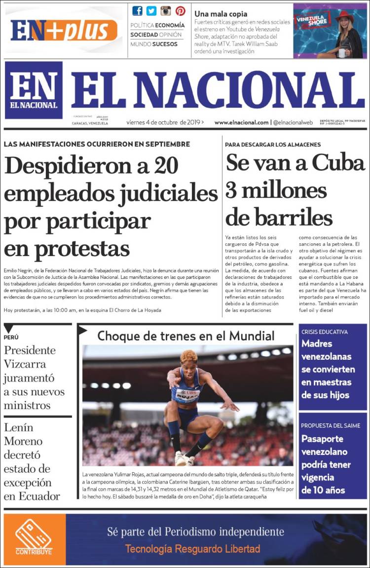 Portada de El Nacional (Venezuela)