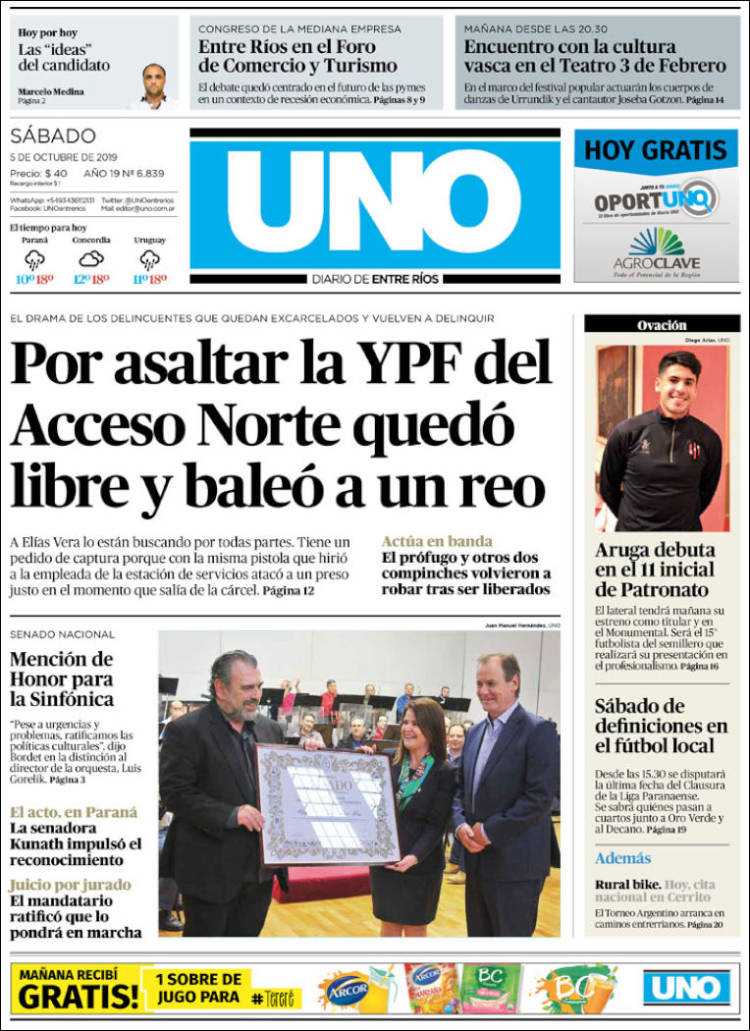 Portada de Diario Uno de Entre Ríos (Argentina)