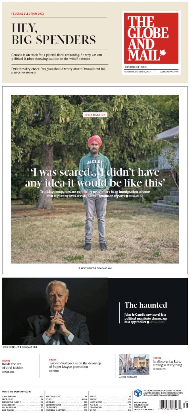 Portada de The Globe and Mail (Canadá)