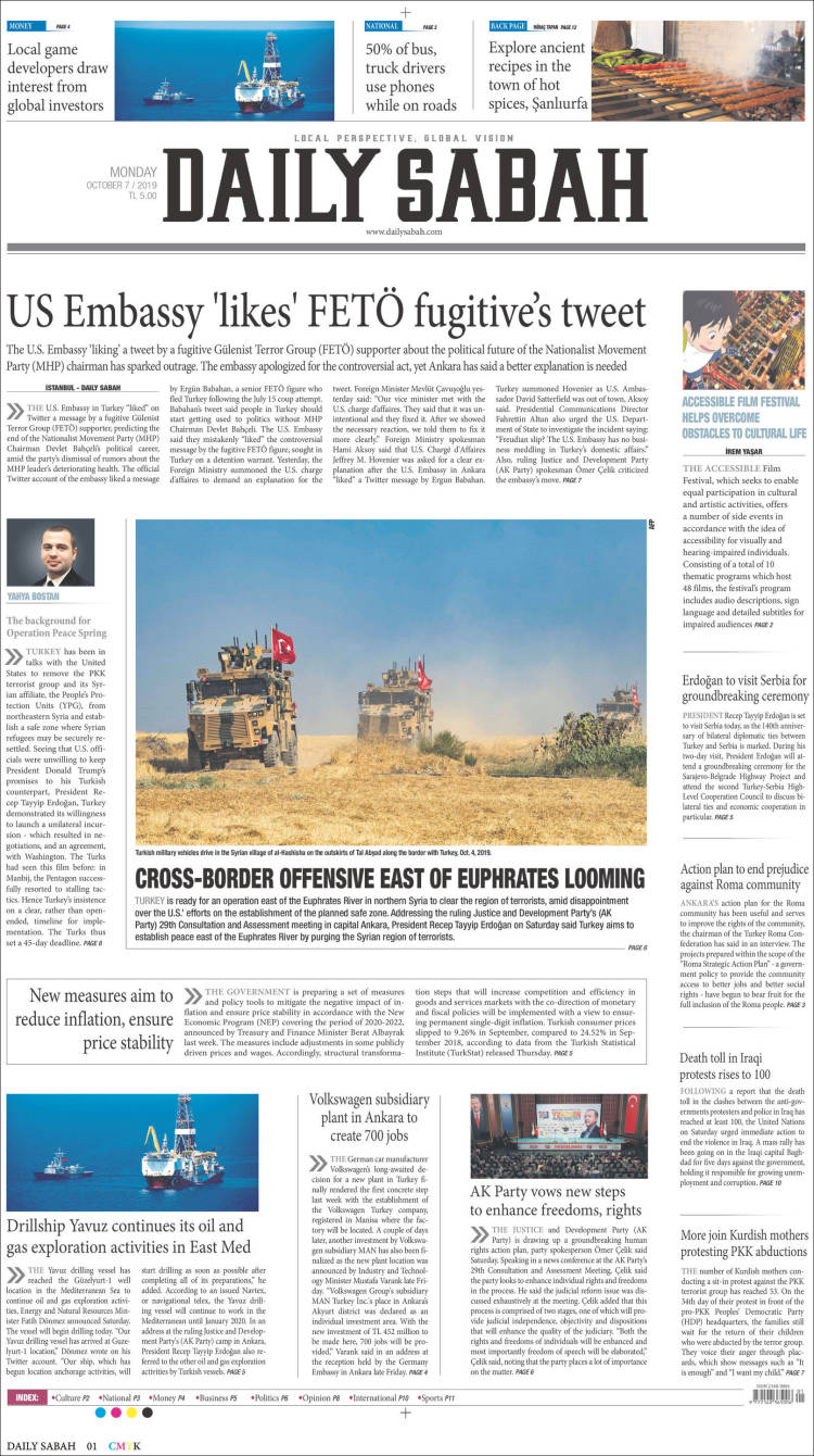 Portada de Daily Sabah (Turqu&iacute;a)