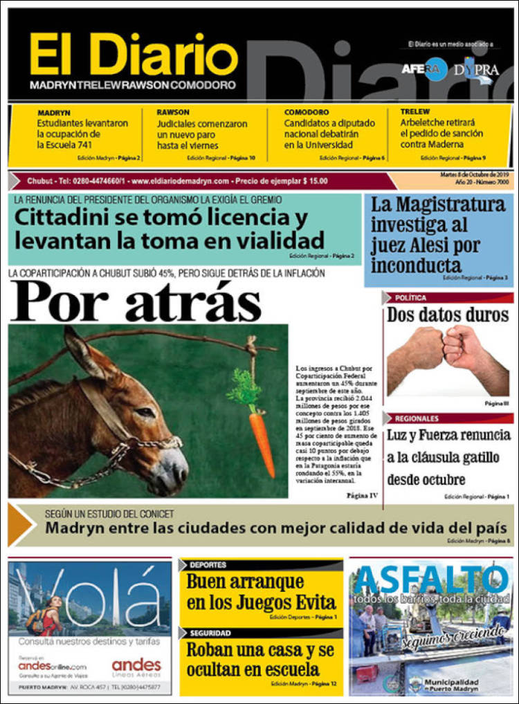 Portada de El Diario de Madryn (Argentina)