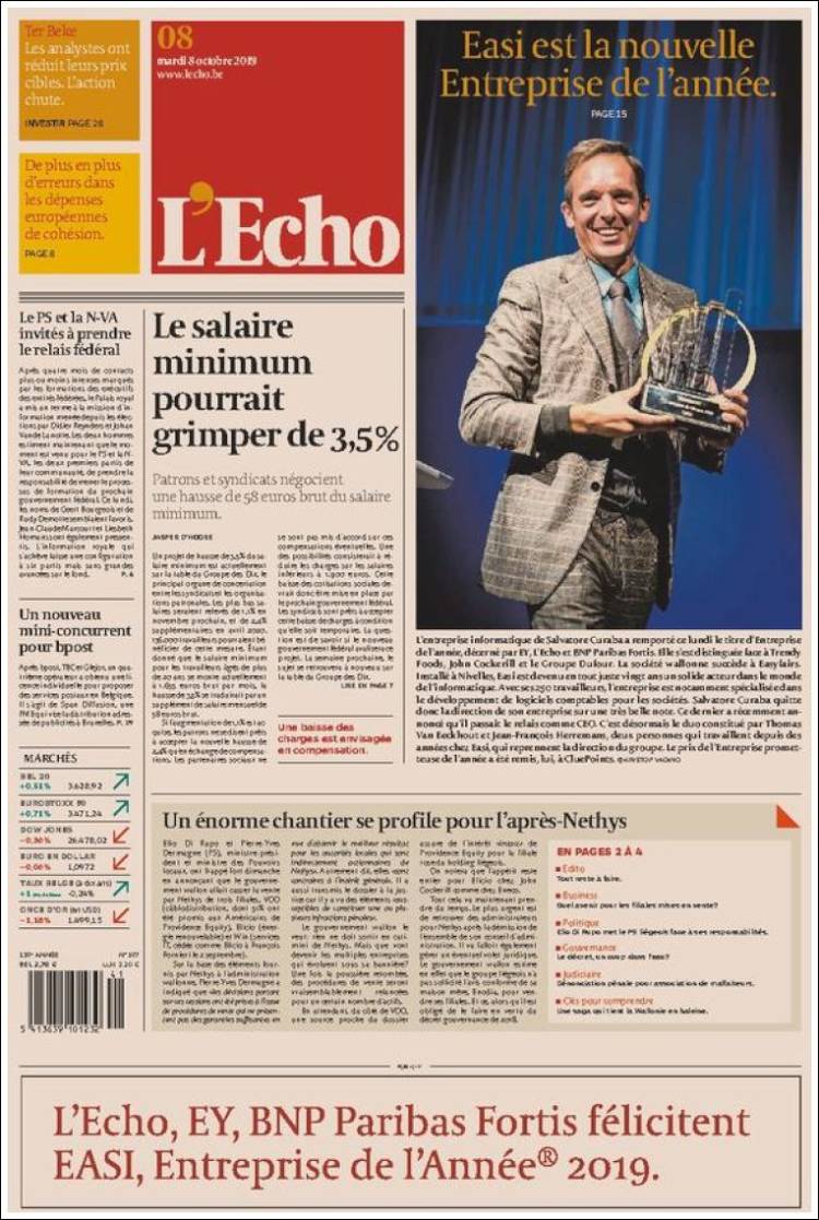 Portada de L'Echo (B&eacute;lgica)