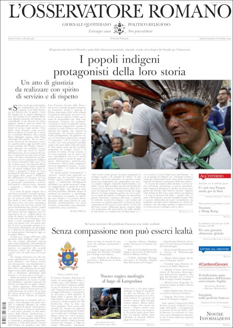 Portada de L'Osservatore Romano (Italia)