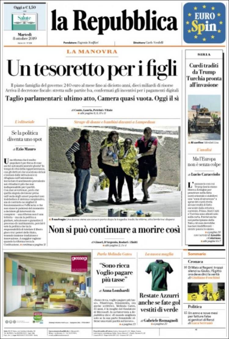 Portada de La Repubblica (Italia)