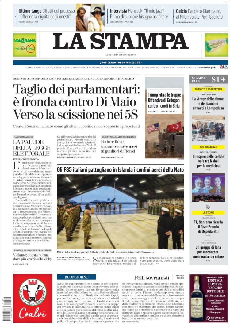 Portada de La Stampa (Italia)