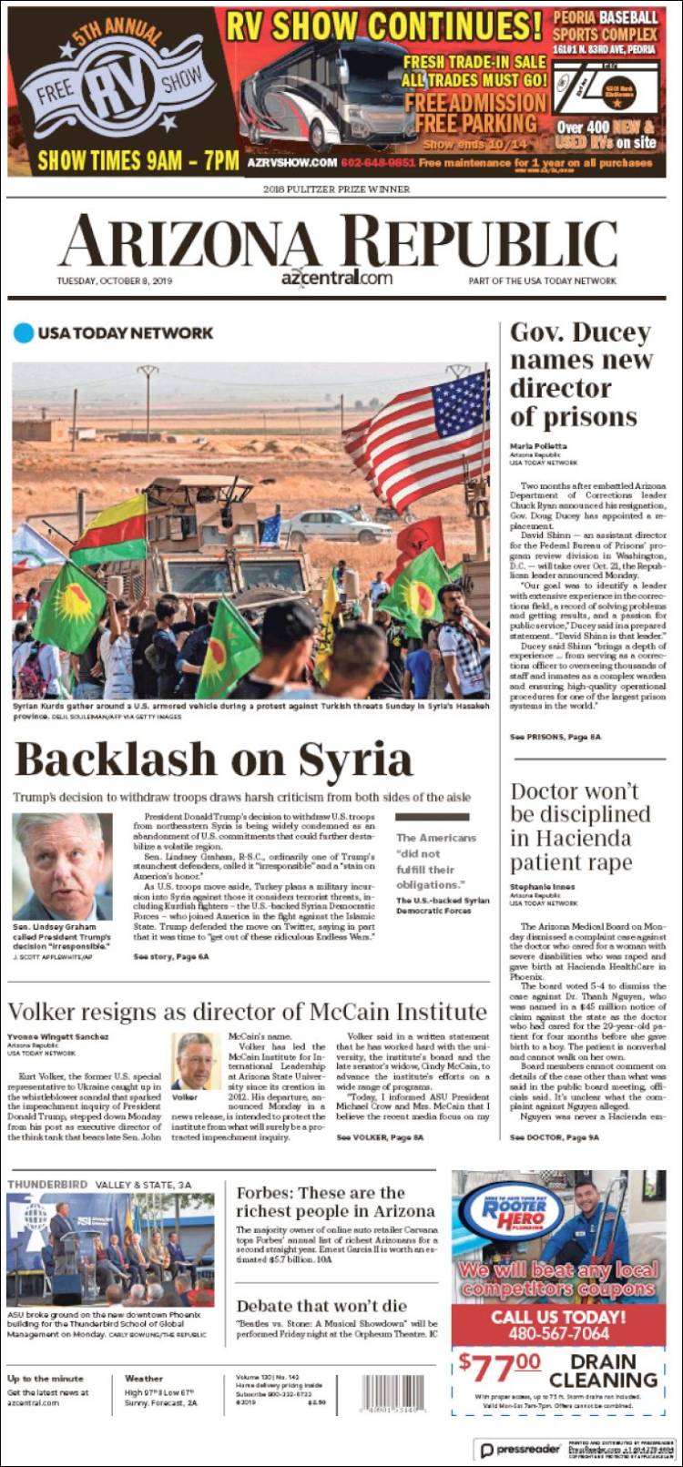 Portada de Arizona Republic News (USA)