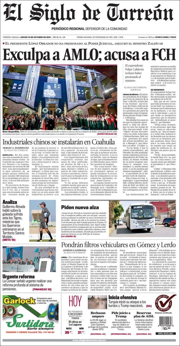 Portada de El Siglo de Torreon (M&eacute;xico)