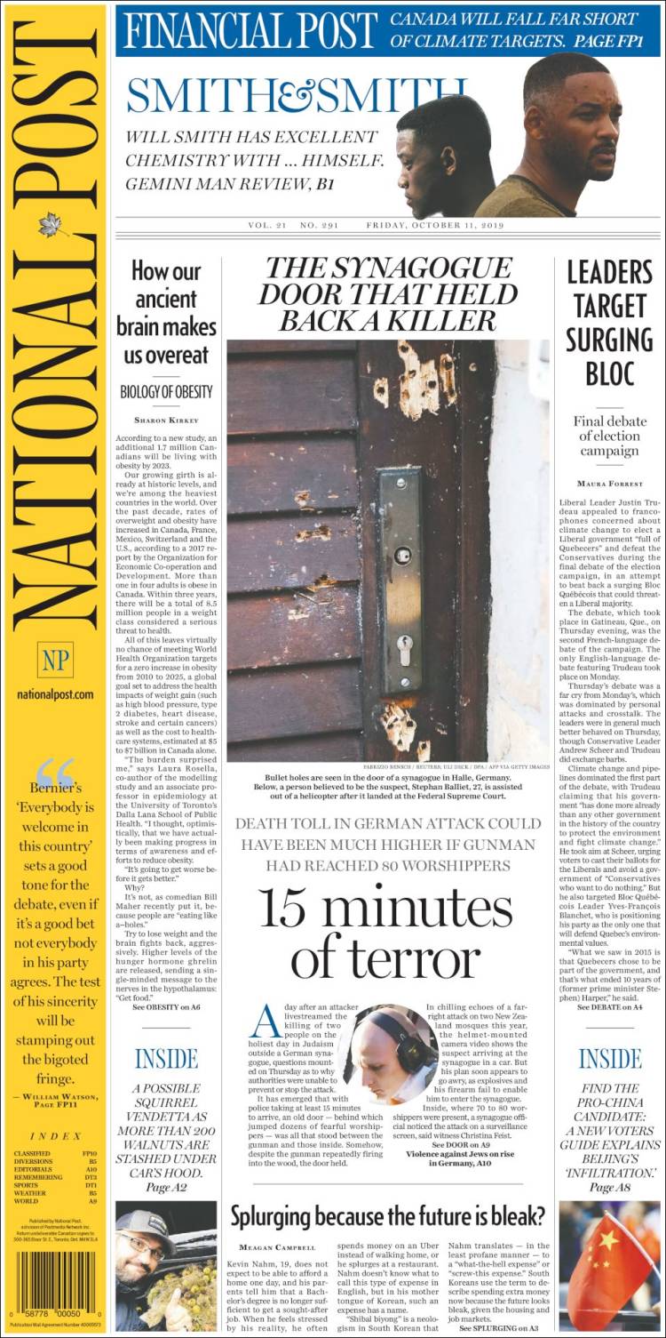 Portada de The National Post (Canadá)